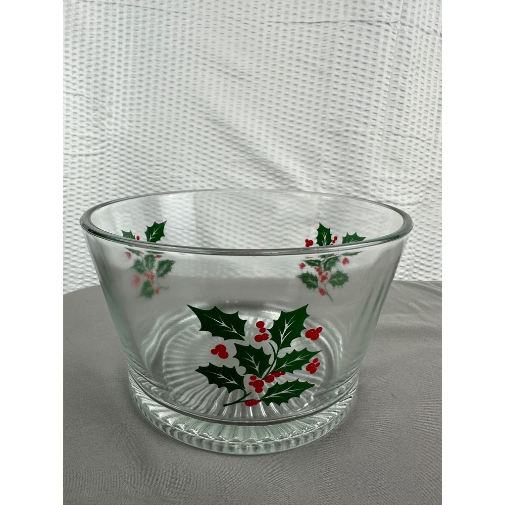 Vintage Indiana Glass Christmas Holly Berry Glass Bowl‎ Holiday Serving Dish